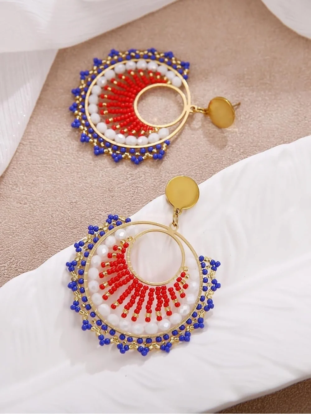 Anthropologie Red White & Blue Beaded Hoop Earrings
